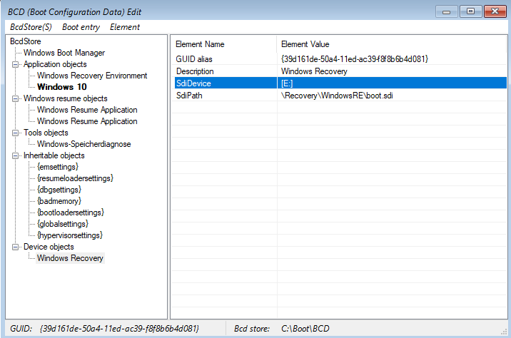 F&uuml;r das bekannte "Windows 10" und "Windows Recovery Environment" Laufwerksbuchstaben setzen wie gezeigt. Hier nun auch Bei "Device objects" das "SdiDevice" &auml;ndern.
