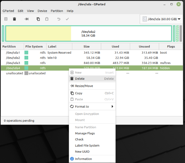 Die Partition der Recovery erkennen wir an dem Flag "hidden". Mit rechts klick anw&auml;hlen und mit "Delete" zum Entfernen markieren