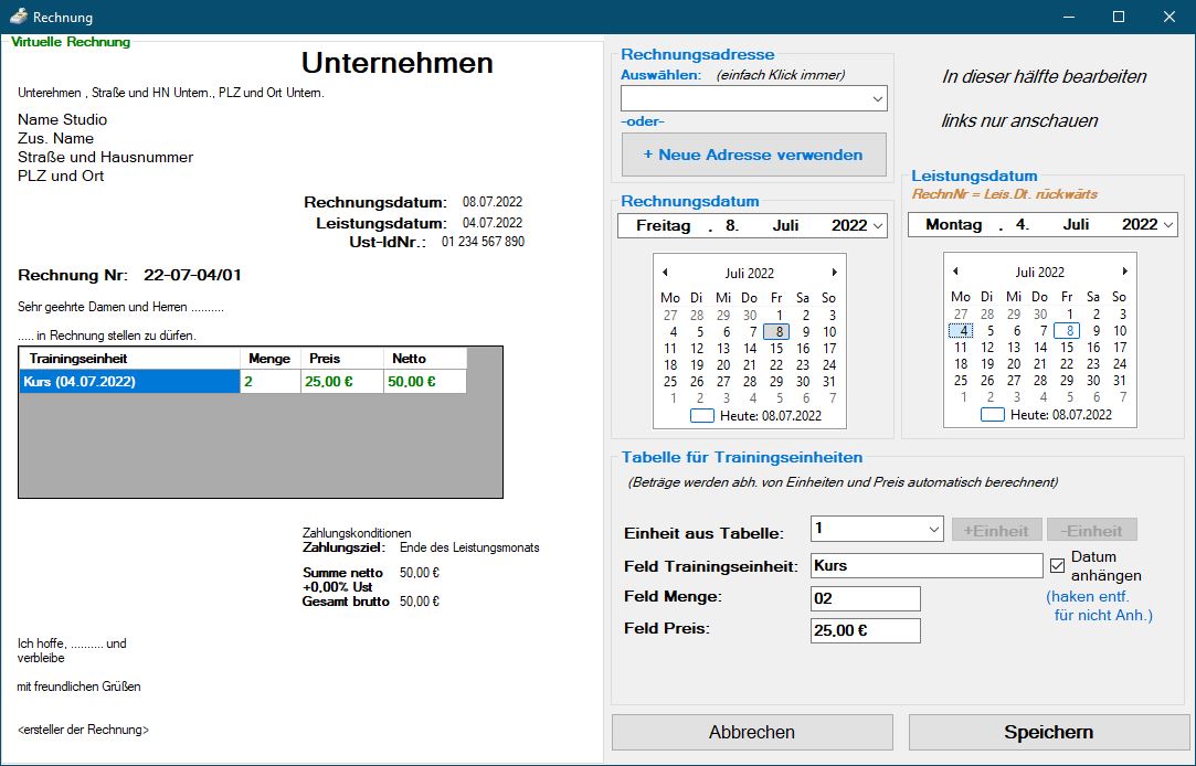 Bild 2: Dateneingabe Formular zum erstellen von Rechnungen im Invoice Tool
