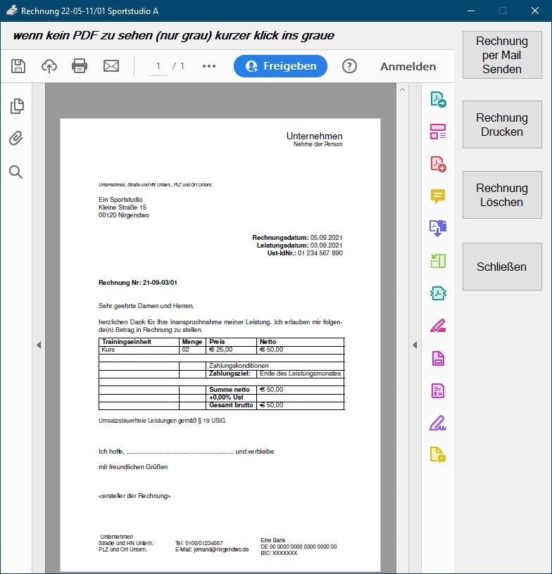 Bild 3: PDF Anzeige einer erstellten Rechnung im Invoice Tool