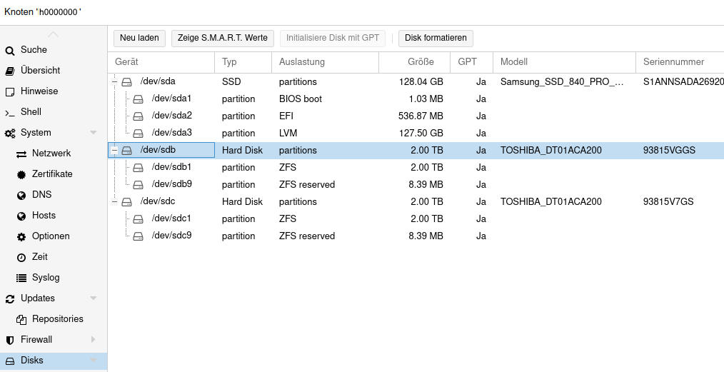 Bild 5: Disk Tabellen&uuml;bersicht des Proxmox Servers