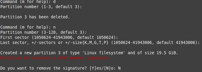 Bild 4: Schritte in fdisk zum Verg&ouml;&szlig;ern des LVM PV