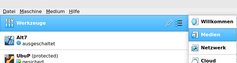 Bild 1: VirtualBox - Men&uuml;auswahl Diskauflistung