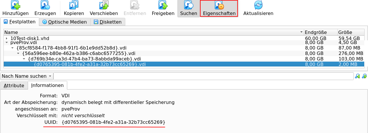 Bild 2: VirtualBox - Anzeige der UUID f&uuml;r die VM Disk zum Konvertieren